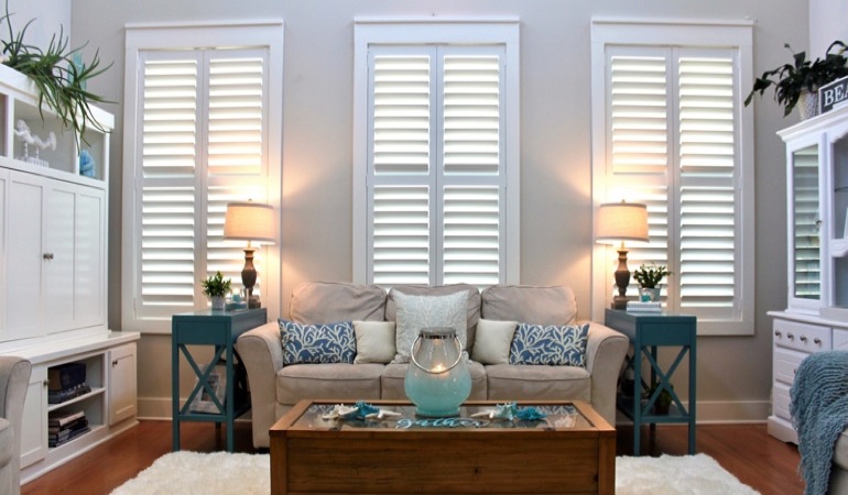 Fort Myers designer living room with white shutters 